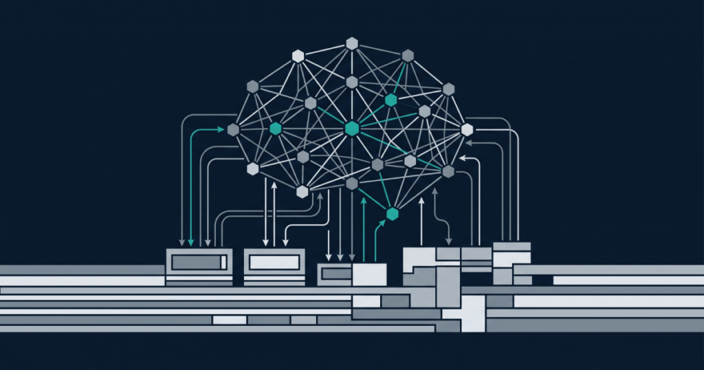 Editorial abstract illustration of AI integrated into iGaming platform architecture, showing a neural network layer connected to a structured platform foundation via real-time data flows