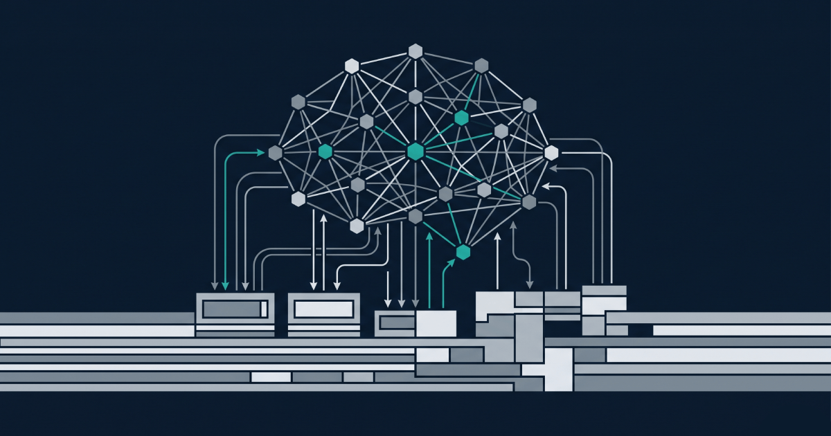 AI in iGaming Platforms: What Operators Need to Know 4 Editorial abstract illustration of AI integrated into iGaming platform architecture, showing a neural network layer connected to a structured platform foundation via real-time data flows