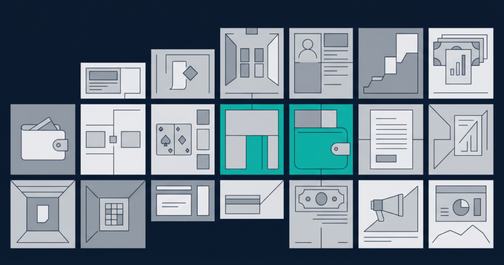 Editorial abstract illustration of modular casino platform components with different sizes representing varying component costs and complexity