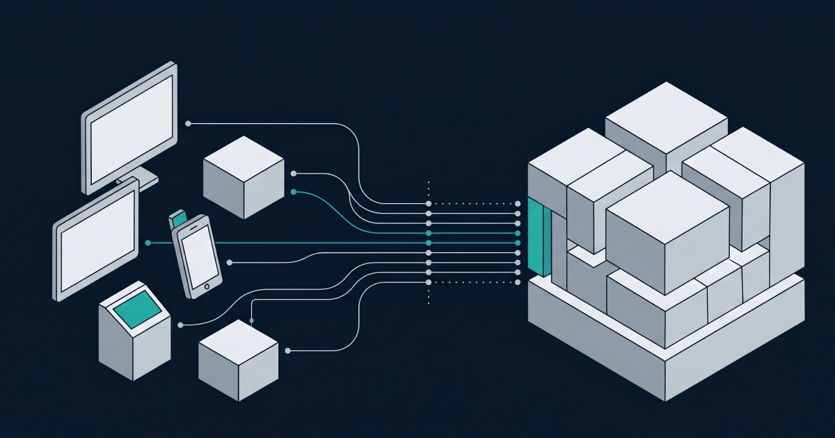 Architectural diagram showing the headless casino platform pattern, with multiple frontend interfaces connected to a single backend platform layer via an API gateway