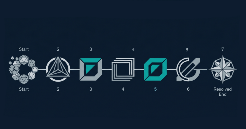 Editorial abstract illustration of a seven-stage selection journey for choosing an iGaming platform provider, with progression through decision gateways