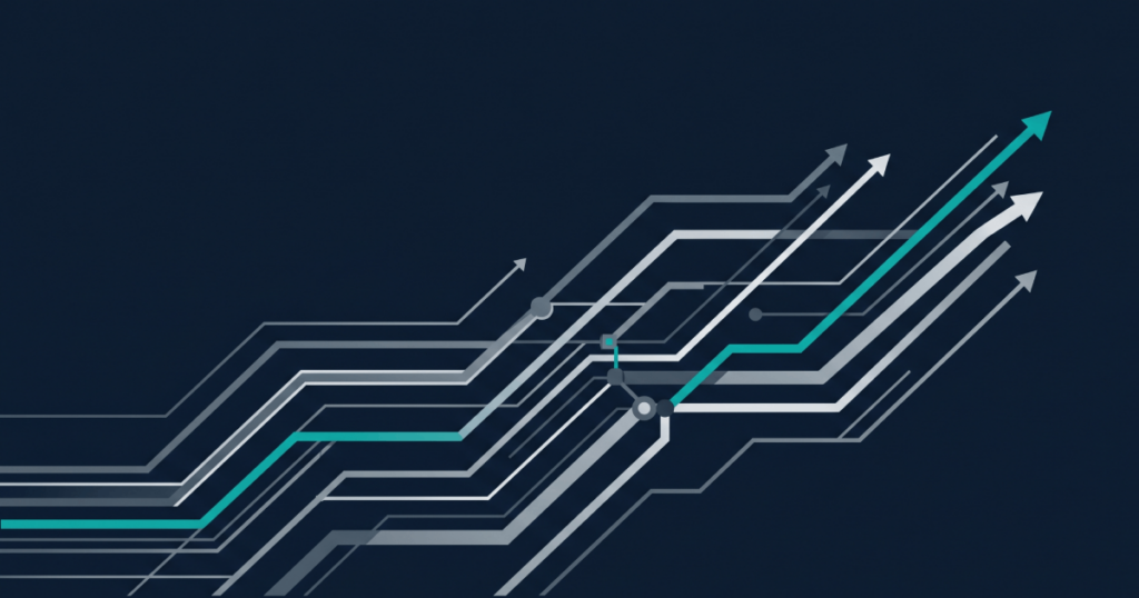 iGaming Platform Modernisation: When to Rebuild, Migrate or Extend 6 Editorial abstract illustration of converging trend lines representing iGaming industry trends shaping 2026