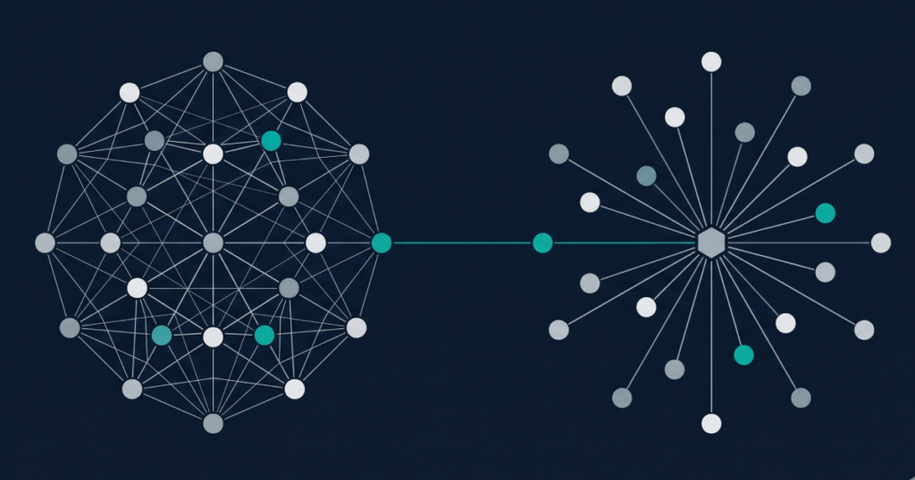 Editorial abstract illustration of two team structures — in-house cluster and outsourced partner model — converging on iGaming platform delivery
