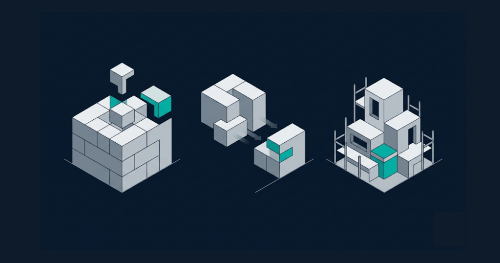 Isometric illustration showing three iGaming platform modernisation approaches: extending an existing structure, migrating between platforms, and rebuilding from the ground up
