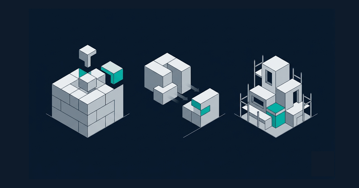 iGaming Platform Modernisation: Rebuild, Migrate or Extend Isometric illustration showing three iGaming platform modernisation approaches: extending an existing structure, migrating between platforms, and rebuilding from the ground up
