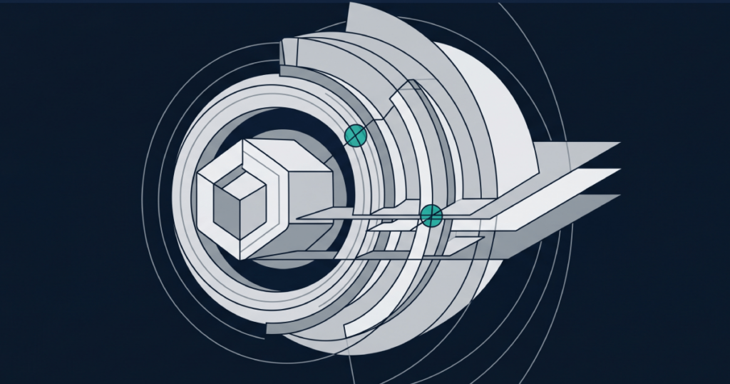 Casino Platform Evaluation Criteria 6 Editorial abstract illustration of structured multi-dimensional verification of an iGaming platform vendor across technical, regulatory, financial, and reference dimensions
