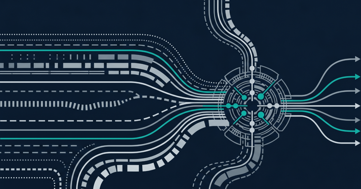 Editorial abstract illustration of player signal streams converging into a unified decisioning engine in an iGaming personalisation platform