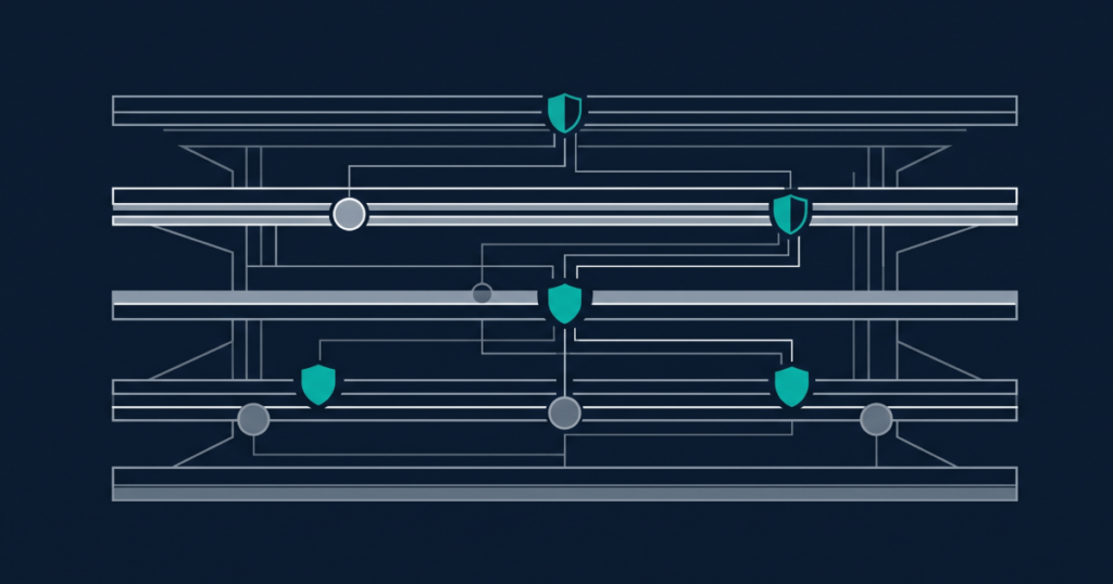 Editorial abstract illustration of layered responsible gambling technology controls integrated into iGaming platform architecture