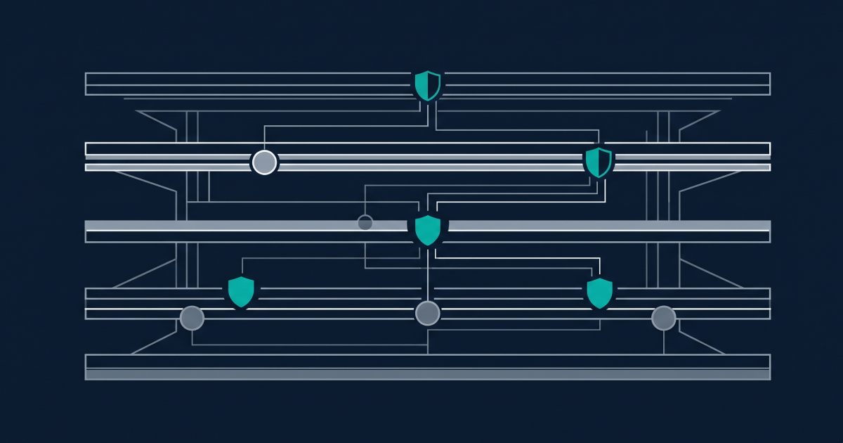 Editorial abstract illustration of layered responsible gambling technology controls integrated into iGaming platform architecture